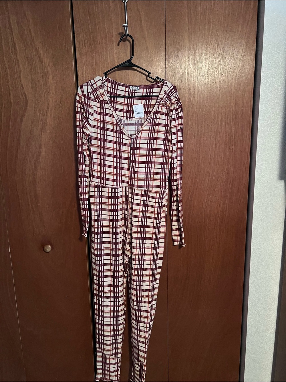 Free People Burgundy and Cream Plaid Jumpsuit